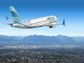 Artist's rendering of Boeing 737 MAX 7 in flight with Canada Jetlines livery.