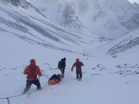 A patient being transported out of the backcountry by Kananaskis Country Public Safety on Saturday.