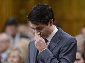 Prime Minister Justin Trudeau pauses while making a formal apology to individuals harmed by federal legislation, policies, and practices that led to the oppression of and discrimination against LGBTQ people in Canada, in the House of Commons in Ottawa, Tuesday, Nov.28, 2017.