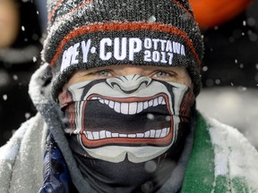 A CFL fan dresses for the weather before the 105th Grey Cup CFL action between the Toronto Argonauts and the Calgary Stampeders, in Ottawa on Sunday, Nov. 26, 2017.