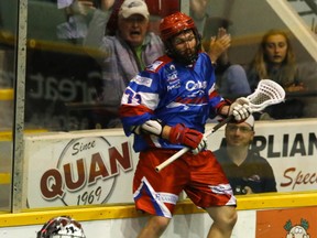 Peterborough Century 21 Lakers' Zach Currier celebrates his goal scored on Six Nations Chiefs' goalie Dillon Ward during third period Major Series Lacrosse Final Game 2 action on Thursday August 24, 2017 at the Memorial Centre in Peterborough, Ont. Currier is now with the Calgary Roughnecks of the National Lacrosse League