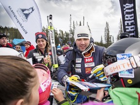 Canadian Manuel Osborne-Paradis signs autographs after racing in the Menís Downhill at the Lake Louise World Cup on Saturday, November 25, 2017. photo by Pam Doyle/www.pamdoylehphoto.com