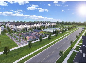 A wide look at the future community of Southpoint, showing homes and it's focus on parks.