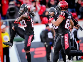 The Calgary Stampeders' Marken Michel celebrates after his touchdown against the Edmonton Eskimos during the 2017 CFL Western Final in Calgary on Sunday, November 19, 2017.