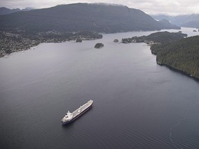 A tanker is anchored in Burrard Inlet just outside of Burnaby, B.C.