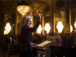 Alberta Premier Rachel Notley waves before speaking at business luncheon put on by the Empire Club of Canada in Toronto, Monday, November 20, 2017.