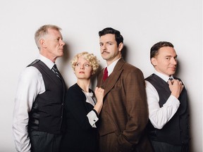 The cast of Vertigo Theatre's The 39 Steps - Andy Curtis, Anna Cummer, Tyrell Crews, and Ron Pederson. Photo by Diane+Mike Photography.