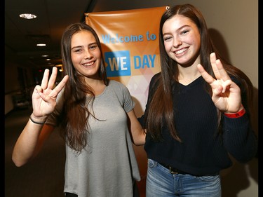 WE Day Alberta youth L-R, Montana Loughran and Chelsea Luft from Cochrane High School during WE Day Alberta at the Scotiabank Saddledome on Wednesday November 1, 2017. Darren Makowichuk/Postmedia