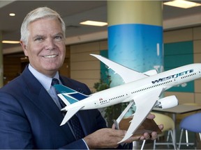 WestJet Airlines President & CEO Gregg Saretsky holds a model of the Boeing 787 Dreamliner after the purchase of this airplane was announced at the company's annual general meeting in Calgary on Tuesday, May 2, 2017.