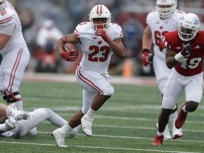 In this Nov. 4, 2017, file photo, Wisconsin running back Jonathan Taylor makes a run against Indiana