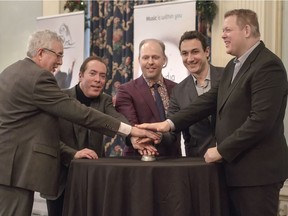 The Calgary Philharmonic Orchestra has partnered with Meludia, a music-learning program, to offer Canadians free music lessons for a year. Representatives are pictured pushing the "magic button" to make Meludia go live on Wednesday, Dec. 6, 2017. Pictured, from left, is Paul Dornian, CPO President and CEO, Kevin Kleinmann, Meludia vice-president, Jeremy Clark, a key sponsor of the initiative, Bastien Sannac, co-founder and CEO of Meludia, and Rune Bergmann, music director for the CPO.