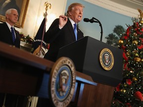 President Donald Trump announces that the U.S. government will formally recognize Jerusalem as the capital of Israel in the Diplomatic Reception Room at the White House December 6, 2017 in Washington, DC.