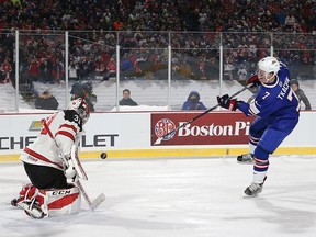 BUFFALO, NY - DECEMBER 29: Brady Tkachuk #7 of United States scores a goal against Carter Hart #31 of Canada in the shootout against Canada during the IIHF World Junior Championship at New Era Field on December 29, 2017 in Buffalo, New York. The United States beat Canada 4-3. (Photo by Kevin Hoffman/Getty Images)