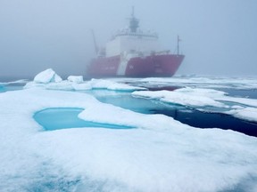 Ice floes and fog surround the U.S. Coast Guard Cutter Healy in the Arctic Ocean on July 29, 2017. The cutter is the largest icebreaker in the Coast Guard and serves as a platform for scientific research.