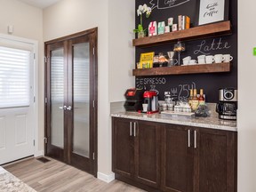 The pantry and the coffee station in the Beckett show home by Excel Homes in Sunset Ridge, Cochrane.