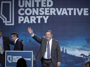 Jason Kenney celebrates his victory as the first official leader of the Alberta United Conservative Party in Calgary on Oct. 28, 2017. Kenney hopes to take his place  in the Alberta legislature by winning this week's Calgary-Lougheed byelection.