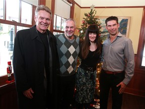 Bill Brooks, left, Tom Dodd with Advance Your Cause, Samantha Morahan with Advance Your Cause and  Thomas Kerr with the Calgary Firefighters Burn Treatment Society are helping to organize the New Yearís Eve Gala fundraiser for the Calgary Firefighters Burn Treatment Society. The group was photographed at the 2017 Calgary Herald Christmas Fund launch at Heritage Park on Tuesday November 21, 2017.  Gavin Young/Postmedia