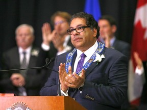 Calgary mayor Naheed Nenshi addresses the audience as members of Calgary's new council were sworn in on Oct. 23, 2017.