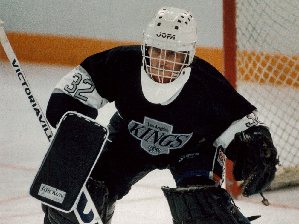 Goaltender Kelly Hrudey of the Los Angeles Kings looks on during a