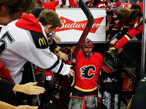 Calgary Flames goaltender Mike Smith during NHL hockey at the Scotiabank Saddledome in Calgary on Saturday, October 7, 2017.