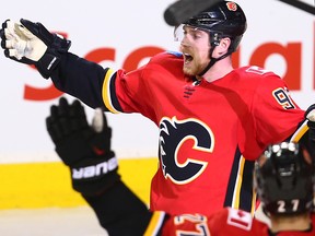 The Calgary Flames celebrate Sam Bennett's game-winning goal against the Vancouver Canucks late in the third period during NHL action in Calgary Saturday December 9, 2017.