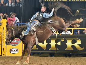 Orin Larsen rides strong on Sunday at the NFR in Las Vegas.
