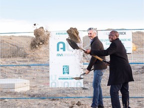 Avi Urban president Charron Ungar and general manager Victor Mutambo mark the ground-breaking for Maverick, a condo development in Livingston, on Friday, Dec. 1, 2017.