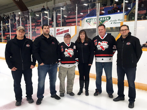 Kimberley Dynamiters’ fans were first introduced to would-be donor, Mike Gould, second from left, of Calgary, on Oct. 13 during a pre-game ceremony.