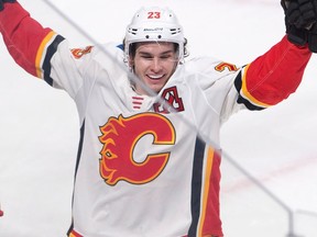 Calgary Flames centre Sean Monahan celebrates after scoring the winning goal against the Montreal Canadiens on Dec. 7, 2017