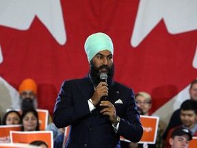 Federal NDP Leader Jagmeet Singh addresses supporters  at a rally in Ottawa, on Oct. 15, 2017.