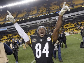 Pittsburgh Steelers wide receiver Antonio Brown (84) celebrates a 39-38 win over the Baltimore Ravens in an NFL football game in Pittsburgh, Monday, Dec. 11, 2017. The Steelers won the clinched the AFC North Championship with the win.