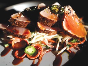 Albacore Tatami, wasabi lime emulsion, anise soy reduction, green papaya slaw, sesame, serrano pepper at the Elbow Room.