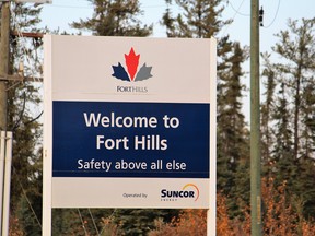 The entrance to the Fort Hills mining site seen from Highway 63, located north of  Fort McMurray.