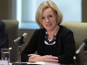 Premier Rachel Notley addresses an emergency provincial cabinet meeting following the latest setback on the Trans Mountain pipeline expansion at the Federal Building in Edmonton Wednesday Jan. 31, 2018. Photo by David Bloom