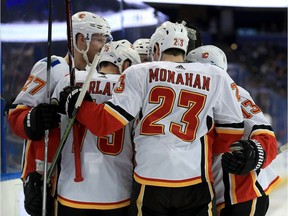 Sean Monahan celebrates a goal against the Tampa Bay Lightning at Amalie Arena on Jan. 11, 2018 in Tampa, Florida.