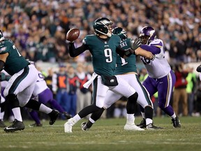 Nick Foles #9 of the Philadelphia Eagles attempts a pass against the Minnesota Vikings during the first quarter in the NFC Championship game at Lincoln Financial Field on January 21, 2018 in Philadelphia, Pennsylvania.