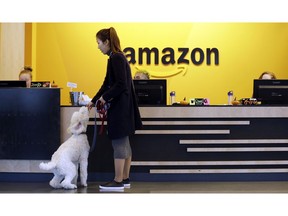In this Wednesday, Oct. 11, 2017, file photo, an Amazon employee gives her dog a biscuit as the pair head into a company building, where dogs are welcome, in Seattle. Amazon announced Thursday, Jan. 18, 2018, that it has narrowed its hunt for a second headquarters to 20 locations, concentrated among cities in the U.S. East and Midwest. Toronto, but not Calgary, made the list as well, keeping the company's international options open.