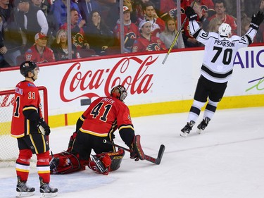Los Angeles Kings Tanner Pearson celebrates scoring in overtime to defeat the Calgary Flames 2-1 during NHL action in Calgary on Wednesday January 24, 2018.