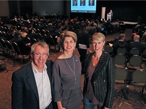 From left; Jim Gibson, Co-founder of Rainforest Alberta, Cynthia van Sundert, Executive Director, The A100 and Kristina Williams, CEO of Alberta Enterprise Corporation were photographed at the AccelerateAB conference taking place at the BMO Centre on Wednesday April 19, 2017. AccelerateAB is a technology conference where chosen startups will take part in a full day mentorship session from Alberta's top technology leaders. Gavin Young/Postmedia Network