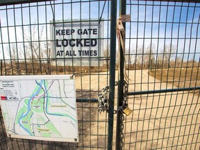 Closed signs mark the old Imperial Oil refinery site and Refinery Park on Tuesday April 25, 2018. The area, closed for years due to contamination is set to re-open as a public park this summer. Gavin Young/Postmedia
