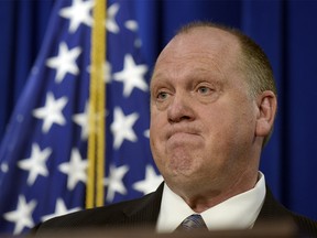 FILE - In this May 11, 2017, file photo, U.S. Immigration and Customs Enforcement acting director Thomas Homan speaks during a news conference in Washington. California's Attorney General Xavier Becerra said Wednesday, Jan. 17, 2018, he is concerned about open-ended immigration sweeps when he and other officials say the Trump administration should be concentrating on deporting dangerous felons. Homan has repeatedly lambasted California over a new state law that strictly limits the cooperation of local law enforcement with federal immigration authorities when they are booked into jail for other reasons. (AP Photo/Susan Walsh, File) ORG XMIT: LA321