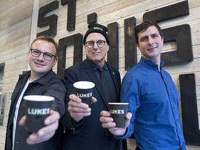 Bill Ptacek, CEO of the Central Library, centre, poses with Eric Hendry, left and Gareth Lukes, owner of LUKES, a cafe which will operate inside the New Central Library.
