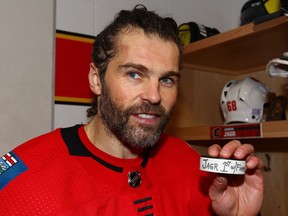 Calgary Flames Jaromir Jagr poses following a 5-3 win over the Detroit Red Wings in Calgary Thursday, November 9, 2017. Jagr scored his first goal in a Flames uniform. Jim Wells/Postmedia Postmedia Calgary Jim Wells/Postmedia