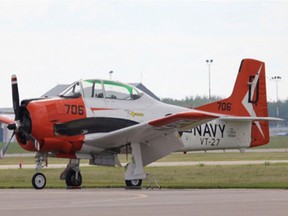 A T28-B Trojan aircraft which crashed at the Cold Lake Air Show on July 17, 2016 is shown in a handout photo. Mechanical issues and weather were not factors in the fatal crash of a private single-engine plane in front of horrified spectators at an air show in Alberta. THE CANADIAN PRESS/HO-Transportation Safety Board of Canada MANDATORY CREDIT