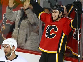 Flames forward Mark Jankowski celebrates his second-period goal during NHL action between the Los Angeles Kings and the Calgary Flames in Calgary on Thursday, January 4, 2018.