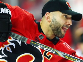 Calgary Flames captain Mark Giordano gives it his all during the hardest shot contest at the annual Calgary Flames Superskills event at Scotiabank Saddledome in Calgary on Sunday, January 7, 2018.