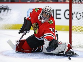 Jeff Glass of the Chicago Blackhawks makes a save against the Vegas Golden Knights on Jan. 5, 2018 in Chicago.