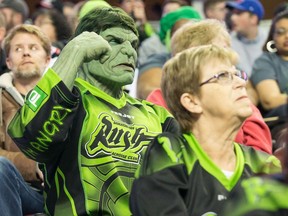 Kelvin Ooms dressed as "Rush Hulk" is seen at a Saskatchewan Rush lacrosse game against the Calgary Roughnecks in Calgary, Alta. in this undated handout photo. A man who dresses up as the Incredible Hulk at Saskatchewan Rush lacrosse games says he's been banned from this weekend's game in Calgary against the Roughnecks.Known as Rush Hulk, Kelvin Ooms has organized four busloads of fans as part of a road trip from Saskatchewan.
