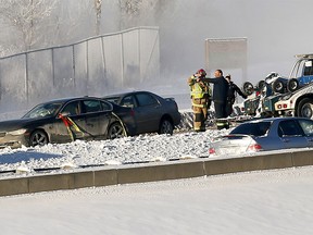 Calgary police and fire were busy with a multi vehicle collision on Deerfoot Trail south of Memorial drive with no serious injuries on Monday January 1, 2018. Darren Makowichuk/Postmedia