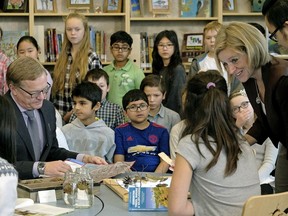 Premier Rachel Notley chats with students at a Nov. 17. 2017. announcement the province will fund a new high school for south Edmonton.
